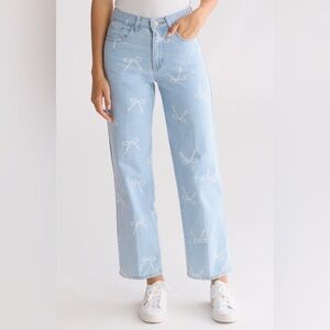 Light Blue Straight Leg Jeans with Bow Pattern